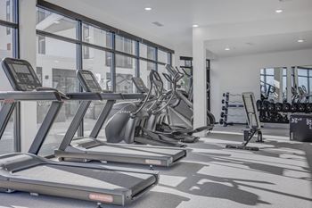 A gym with treadmills and elliptical machines.
